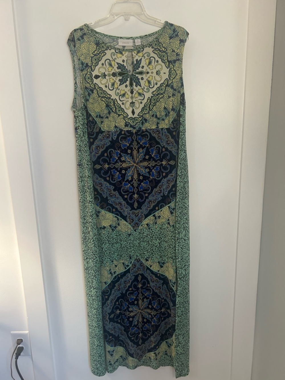 Chico's Mediterranean Waves Maxi Dress featuring a blue, white, and green